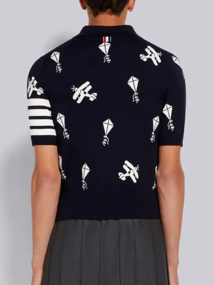 Fine Merino Wool Half Drop Sky Icons 4bar Relaxed Fit Polo Navy Men Thom Browne Tshirts and Polos