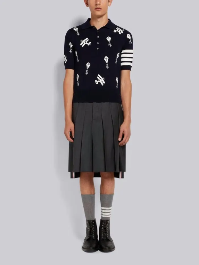 Fine Merino Wool Half Drop Sky Icons 4bar Relaxed Fit Polo Navy Men Thom Browne Tshirts and Polos