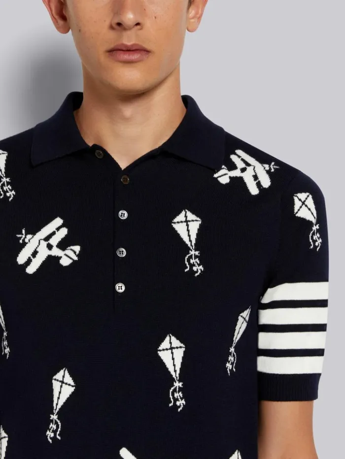 Fine Merino Wool Half Drop Sky Icons 4bar Relaxed Fit Polo Navy Men Thom Browne Tshirts and Polos