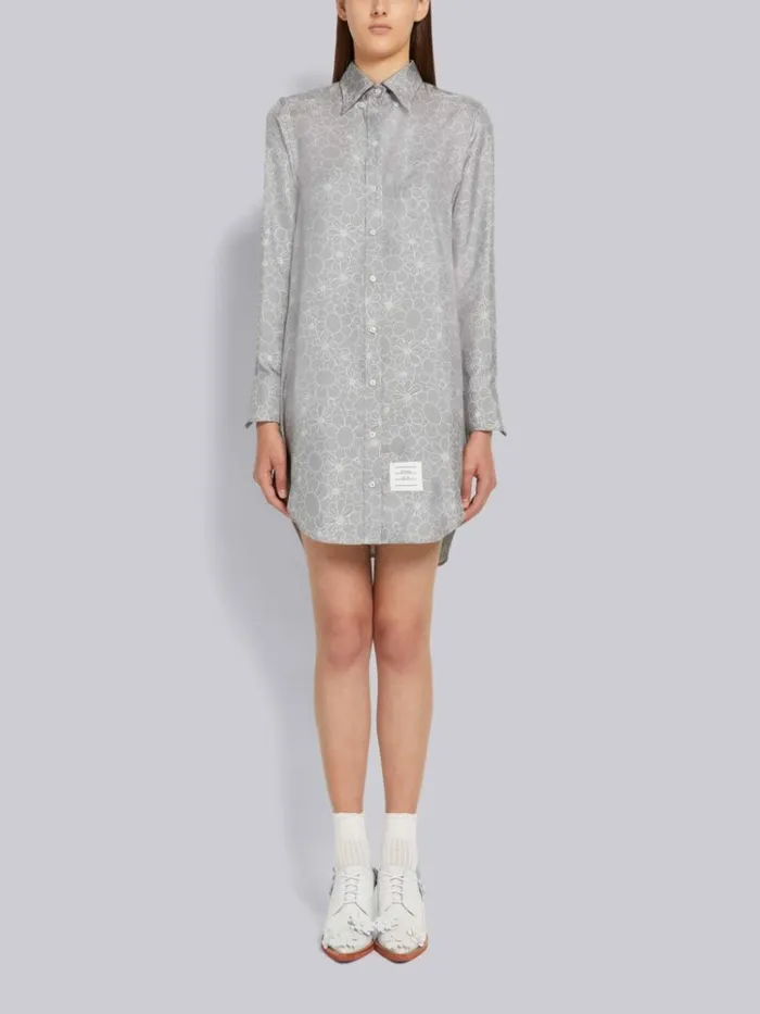 Floral Toile Printed Silk Point Collar Thigh Length Shirtdress Medium Grey Women Thom Browne Dresses
