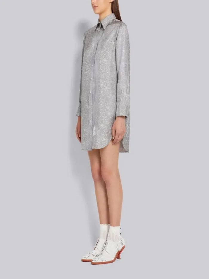 Floral Toile Printed Silk Point Collar Thigh Length Shirtdress Medium Grey Women Thom Browne Dresses