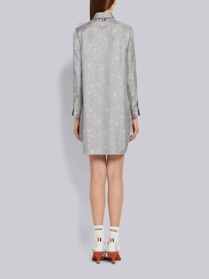 Floral Toile Printed Silk Point Collar Thigh Length Shirtdress Medium Grey Women Thom Browne Dresses