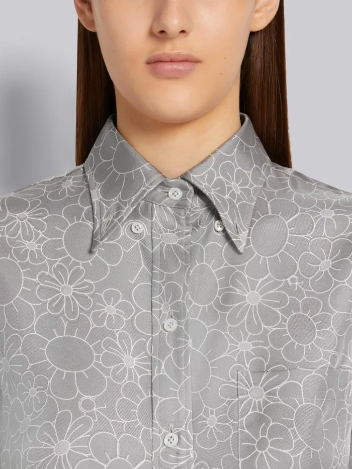 Floral Toile Printed Silk Point Collar Thigh Length Shirtdress Medium Grey Women Thom Browne Dresses