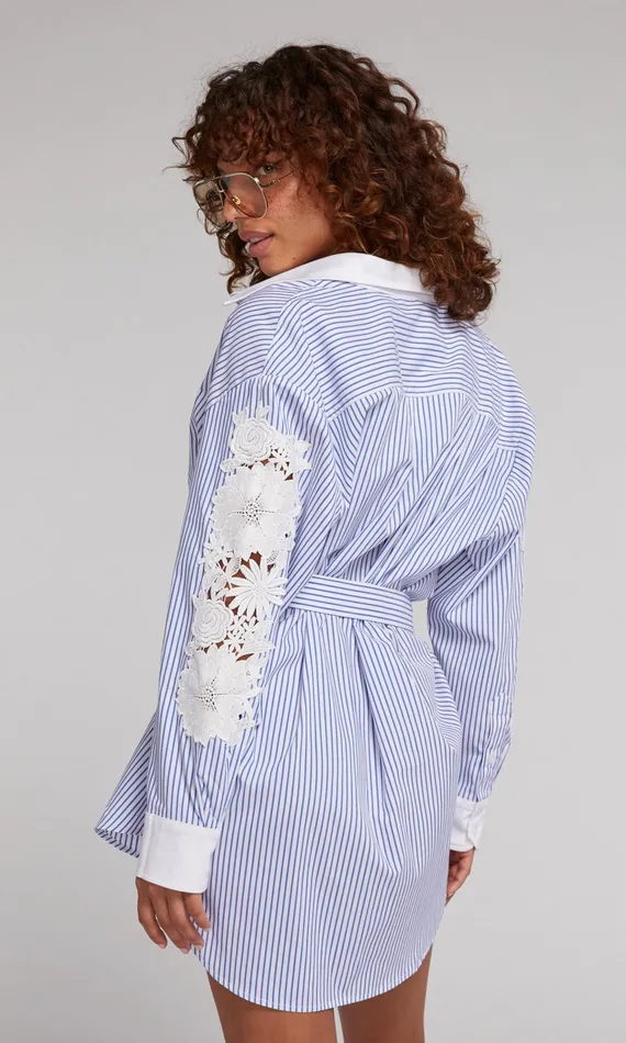 Generation Love Clothing Dresses Women Mabel Lace Combo Pinstripe Dress Bluewhite