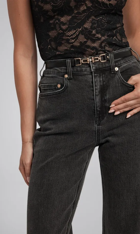 Generation Love Clothing Pants Women Emmett Denim Pants With Vegan Leather Belt Washed Black