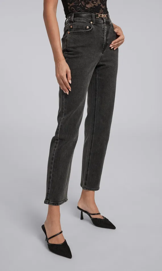 Generation Love Clothing Pants Women Emmett Denim Pants With Vegan Leather Belt Washed Black