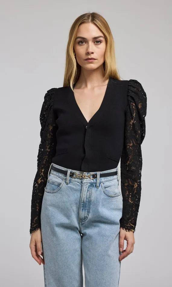 Generation Love Clothing Sweaters and Sweatshirts Women Kelsey Lace Combo Ribbed Cardigan Black
