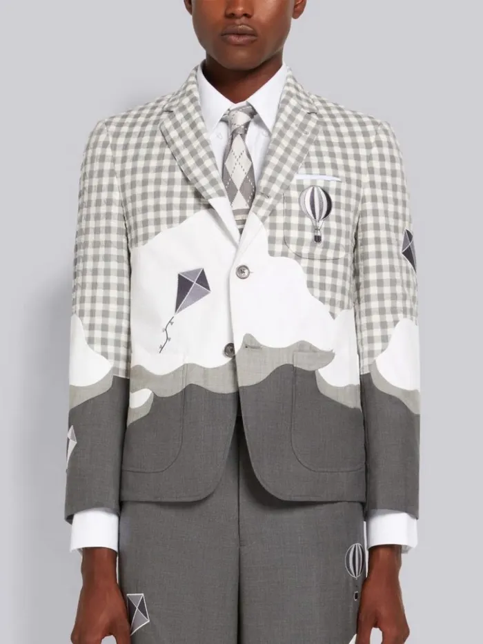 Gingham And Seersucker Wool Sky Intarsia Sack Jacket Medium Grey Men Thom Browne Jackets and Suiting Gingham And Seersucker Wool Sky Intarsia Sack Jacket Medium Grey Men Thom Browne Jackets and Suiting
