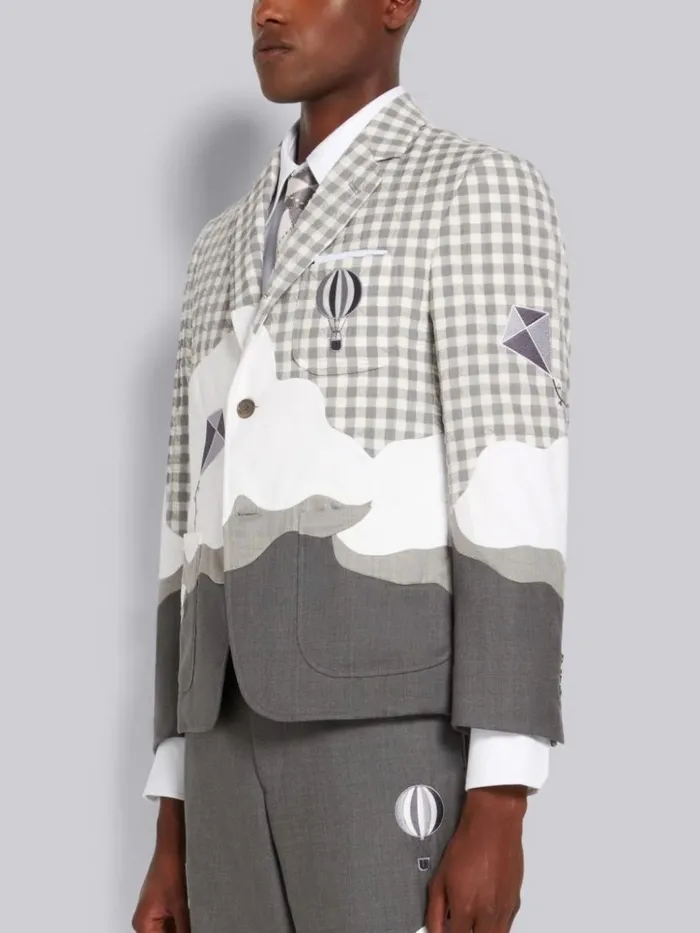 Gingham And Seersucker Wool Sky Intarsia Sack Jacket Medium Grey Men Thom Browne Jackets and Suiting