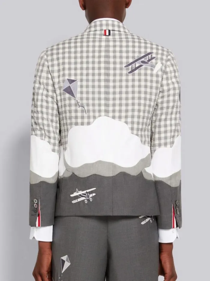 Gingham And Seersucker Wool Sky Intarsia Sack Jacket Medium Grey Men Thom Browne Jackets and Suiting