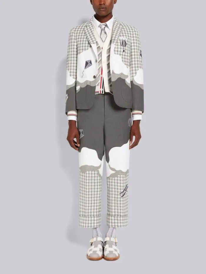 Gingham And Seersucker Wool Sky Intarsia Sack Jacket Medium Grey Men Thom Browne Jackets and Suiting