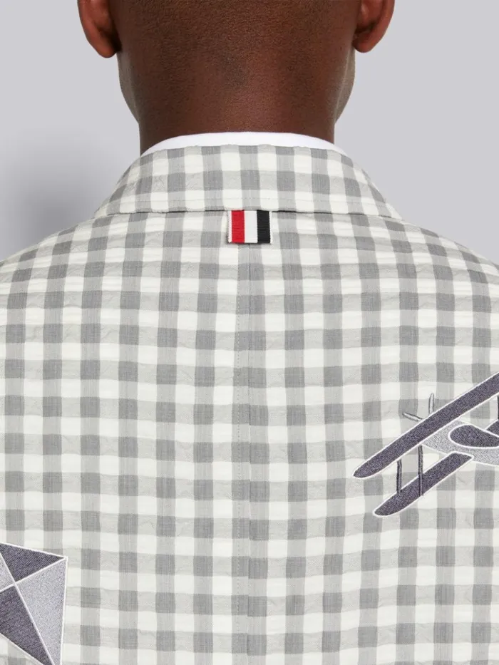 Gingham And Seersucker Wool Sky Intarsia Sack Jacket Medium Grey Men Thom Browne Jackets and Suiting