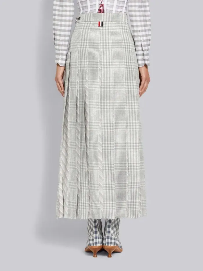 Gingham Crispy Linen Silk Jacquard Pleat Half Pleated Dropped Back Below The Knee Skirt Medium Grey Women Thom Browne Skirts
