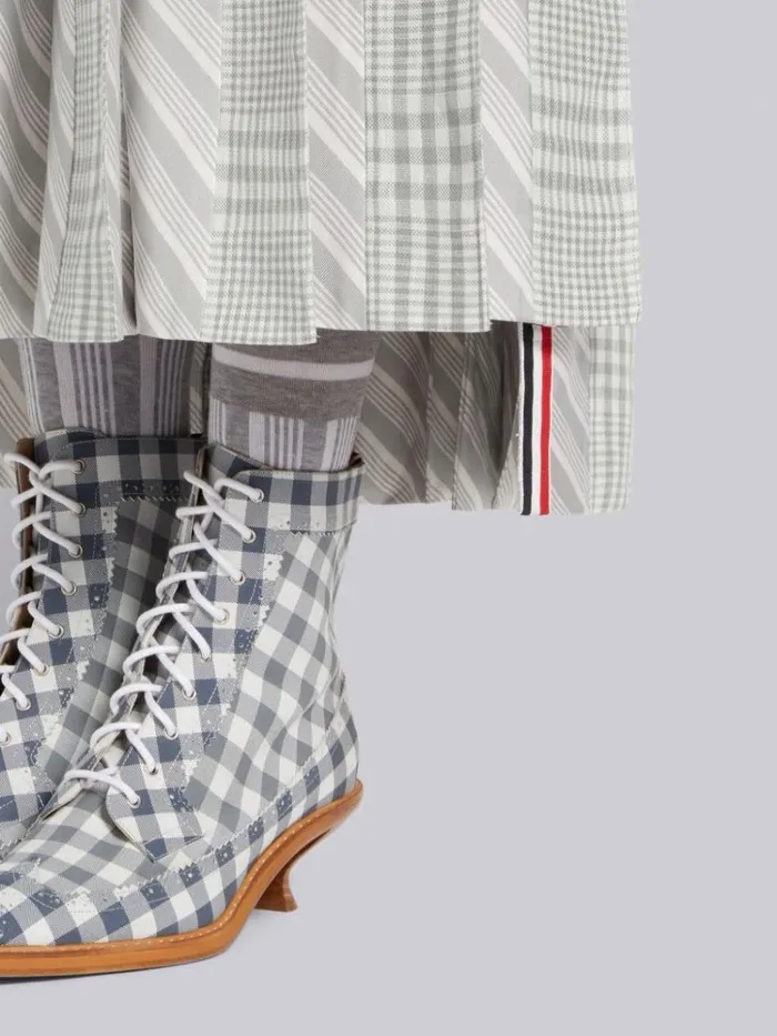Gingham Crispy Linen Silk Jacquard Pleat Half Pleated Dropped Back Below The Knee Skirt Medium Grey Women Thom Browne Skirts