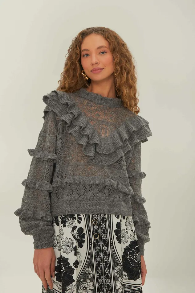 Grey Ruffles Knit Sweater Women FARM Rio Sweaters and Sweatshirts