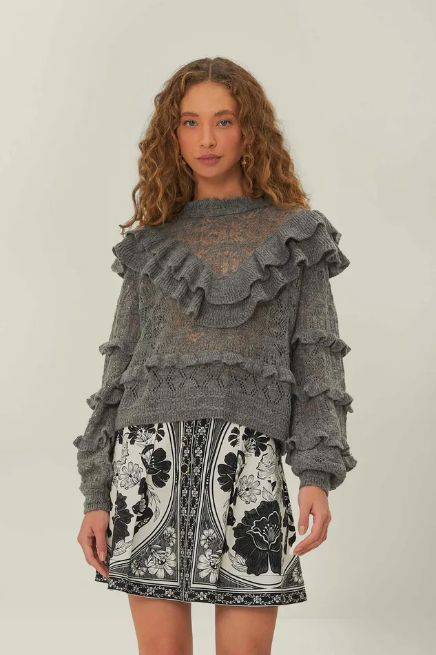 Grey Ruffles Knit Sweater Women FARM Rio Sweaters and Sweatshirts Grey Ruffles Knit Sweater Women FARM Rio Sweaters and Sweatshirts