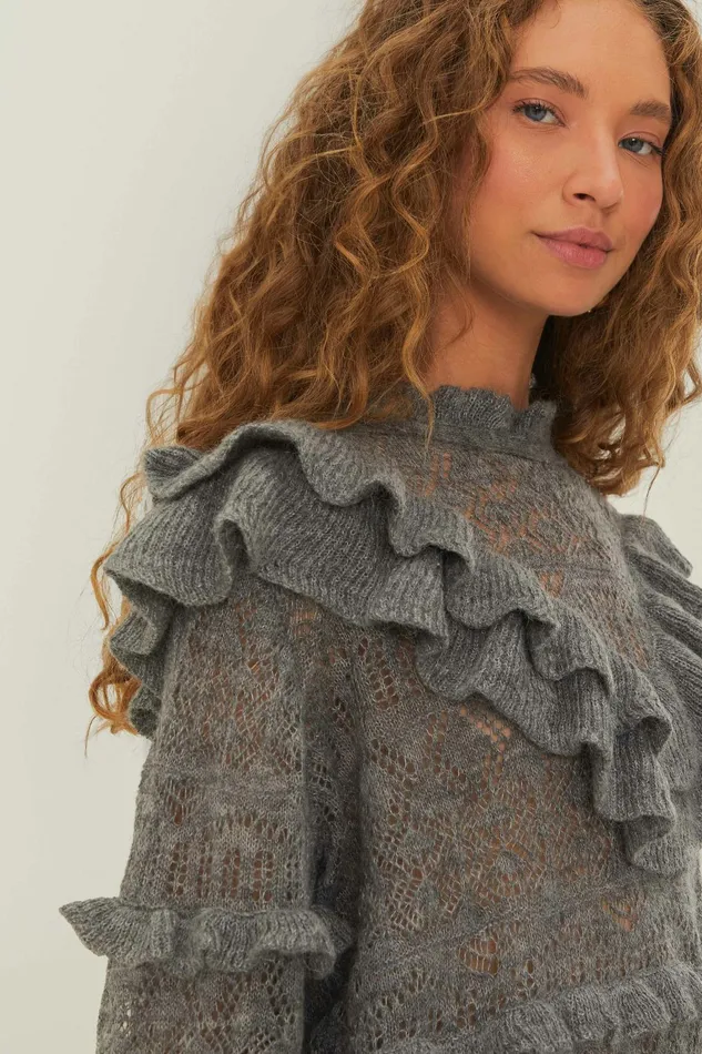 Grey Ruffles Knit Sweater Women FARM Rio Sweaters and Sweatshirts Grey Ruffles Knit Sweater Women FARM Rio Sweaters and Sweatshirts