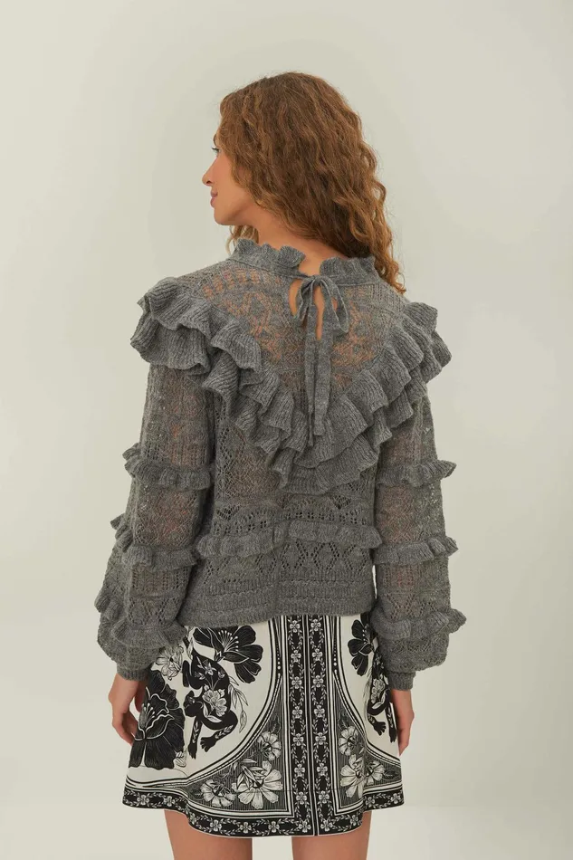 Grey Ruffles Knit Sweater Women FARM Rio Sweaters and Sweatshirts Grey Ruffles Knit Sweater Women FARM Rio Sweaters and Sweatshirts
