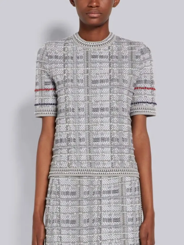 Hairline Madras Check Jacquard Stripe Inlay Short Sleeve Pullover Tonal Grey Women Thom Browne Tshirts and Polos