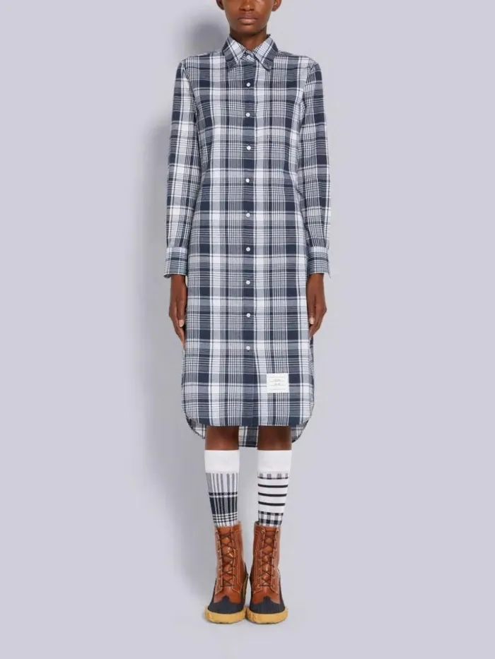 Hairline Madras Check Point Collar Knee Length Shirtdress Navy Women Thom Browne Dresses