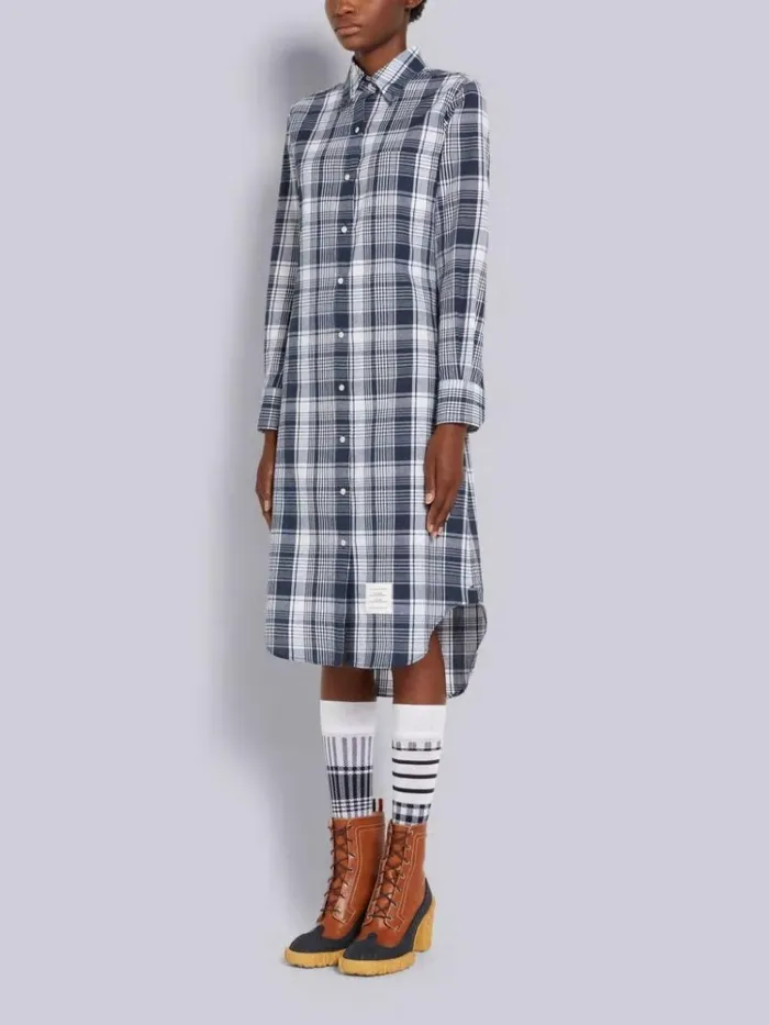 Hairline Madras Check Point Collar Knee Length Shirtdress Navy Women Thom Browne Dresses