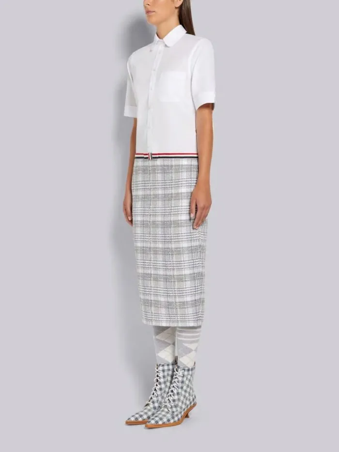 Hairline Madras Check Ribbon Tweed Pencil Skirt Short Sleeve Below The Knee Shirtdress Medium Grey Women Thom Browne Dresses
