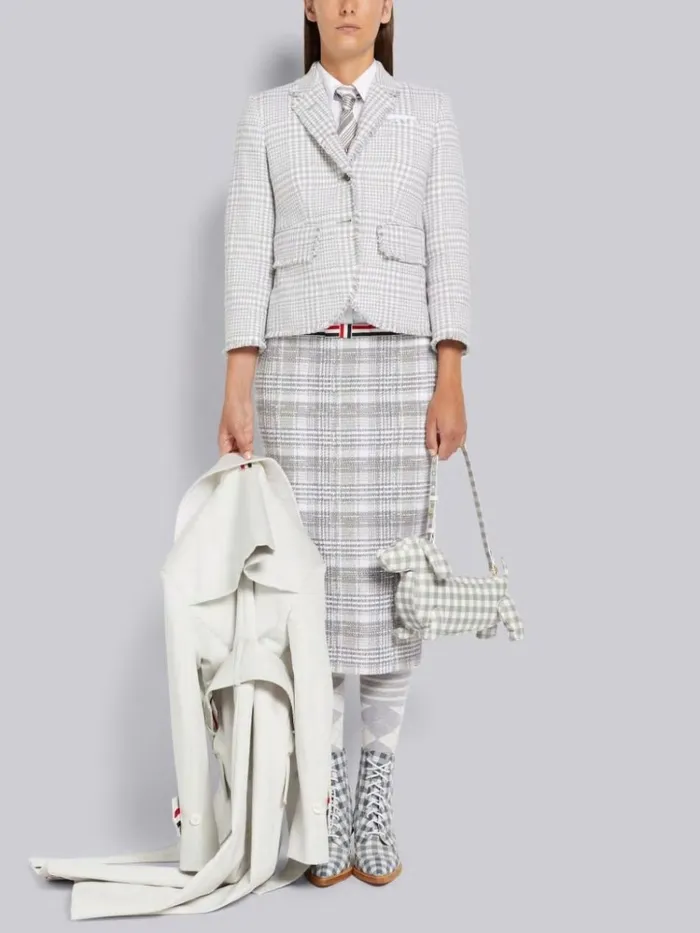 Hairline Madras Check Ribbon Tweed Pencil Skirt Short Sleeve Below The Knee Shirtdress Medium Grey Women Thom Browne Dresses