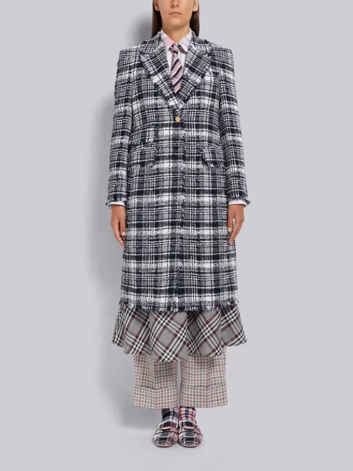 Hairline Madras Ribbon Tweed Frayed Single Vent Overcoat Navy Women Thom Browne Outerwear Hairline Madras Ribbon Tweed Frayed Single Vent Overcoat Navy Women Thom Browne Outerwear