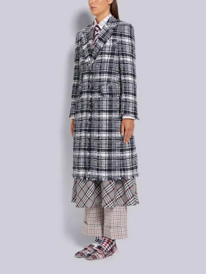 Hairline Madras Ribbon Tweed Frayed Single Vent Overcoat Navy Women Thom Browne Outerwear