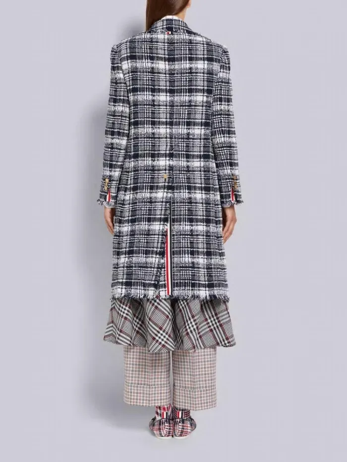 Hairline Madras Ribbon Tweed Frayed Single Vent Overcoat Navy Women Thom Browne Outerwear