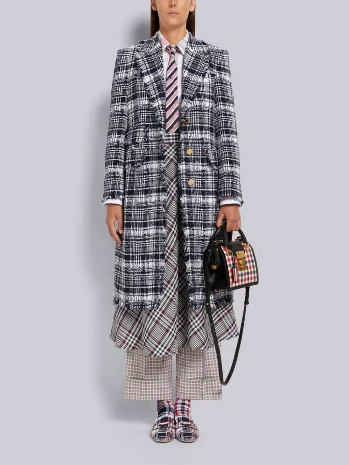 Hairline Madras Ribbon Tweed Frayed Single Vent Overcoat Navy Women Thom Browne Outerwear