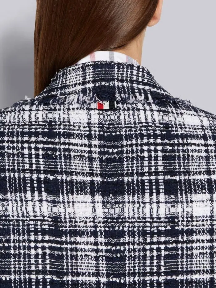 Hairline Madras Ribbon Tweed Frayed Single Vent Overcoat Navy Women Thom Browne Outerwear