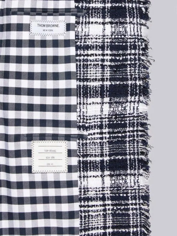 Hairline Madras Ribbon Tweed Frayed Single Vent Overcoat Navy Women Thom Browne Outerwear