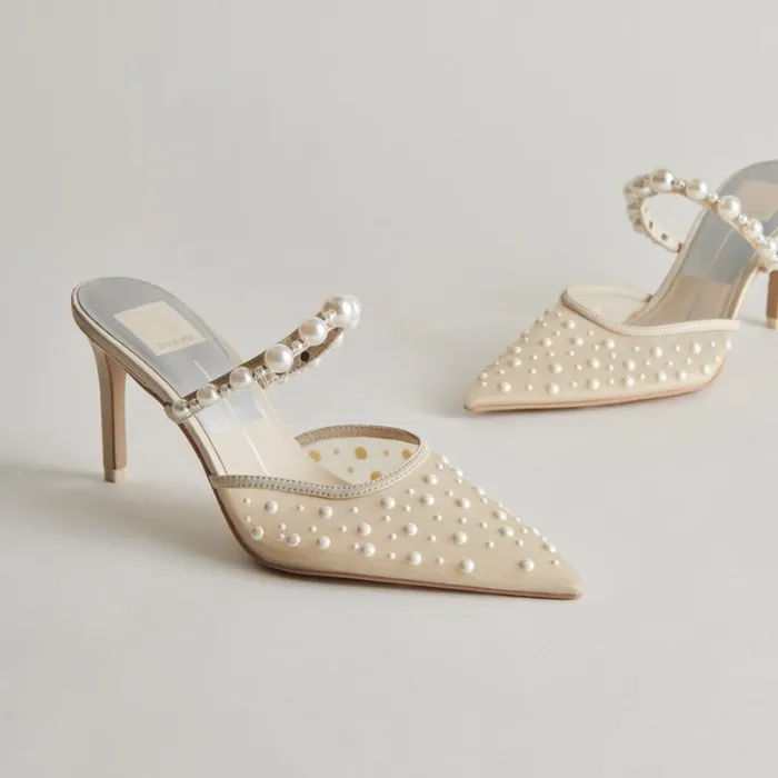 Heels Women Dolce Vita Katik Pearl Wide Heels Ivory Mesh