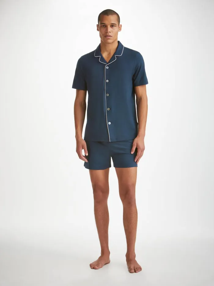 Jersey Pajamas Men Derek Rose Short Pajamas Basel Micro Modal Stretch Navy