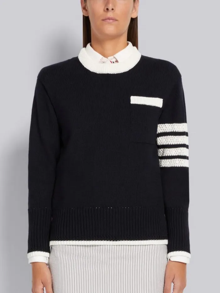 Jersey Stitch Cotton Contrast Pointelle Tipping 4bar Pullover Navy Women Thom Browne Knitwear