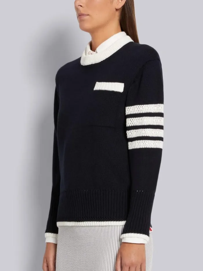 Jersey Stitch Cotton Contrast Pointelle Tipping 4bar Pullover Navy Women Thom Browne Knitwear