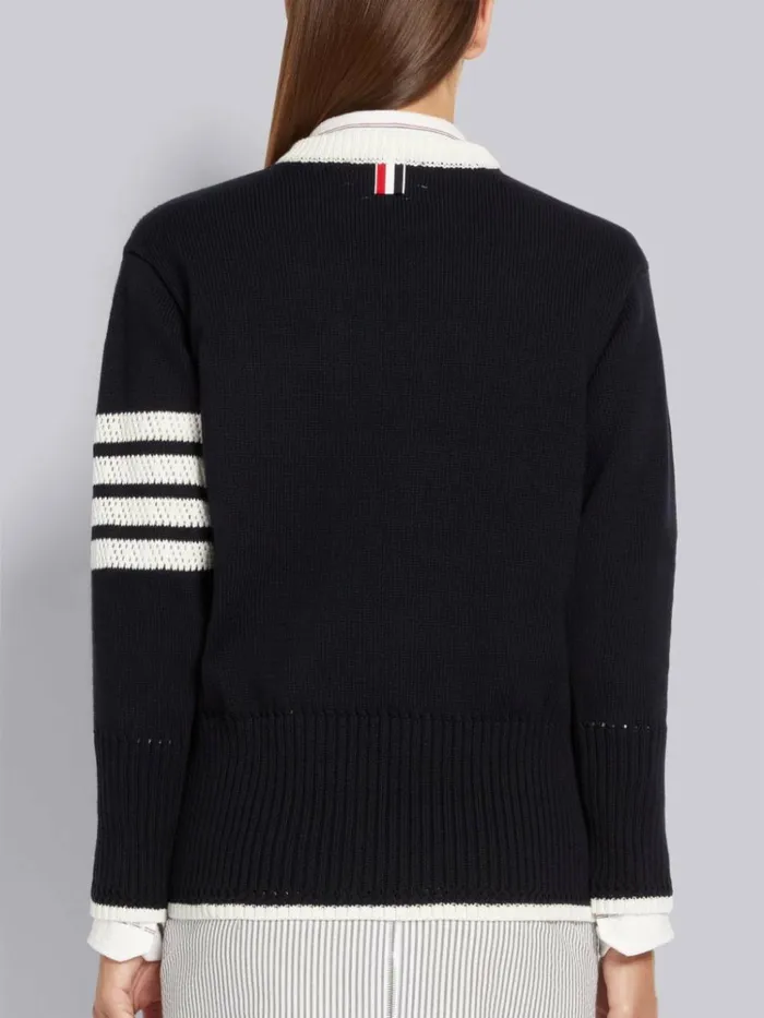 Jersey Stitch Cotton Contrast Pointelle Tipping 4bar Pullover Navy Women Thom Browne Knitwear