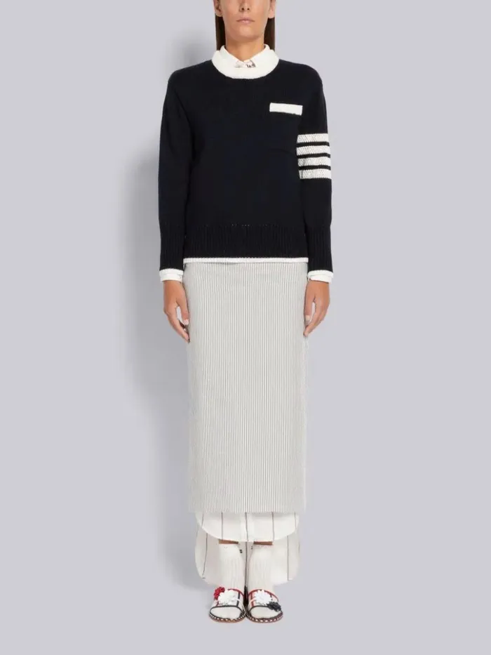 Jersey Stitch Cotton Contrast Pointelle Tipping 4bar Pullover Navy Women Thom Browne Knitwear