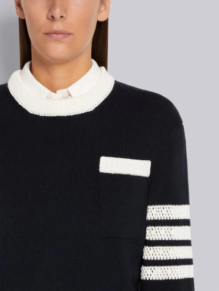 Jersey Stitch Cotton Contrast Pointelle Tipping 4bar Pullover Navy Women Thom Browne Knitwear
