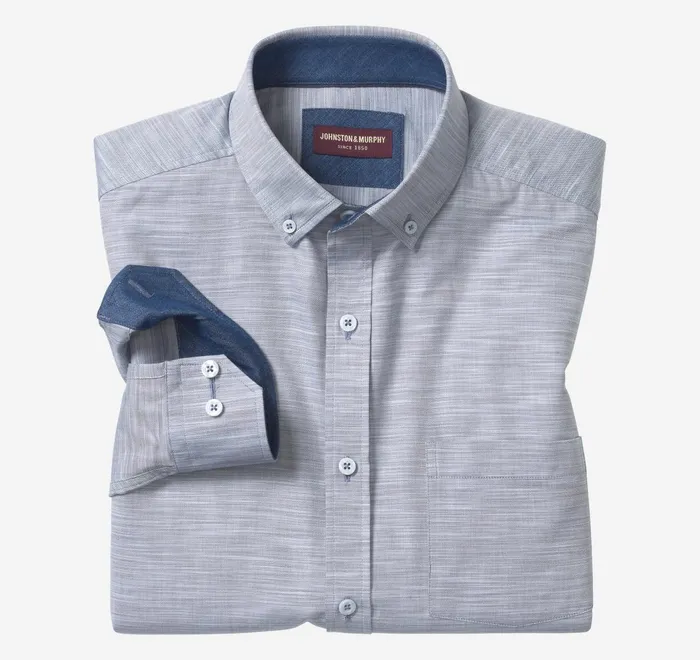 JohnstonandMurphy Shirts LongSleeve Twill Checked Shirt Bluegray Striated Oxford 8211 Men