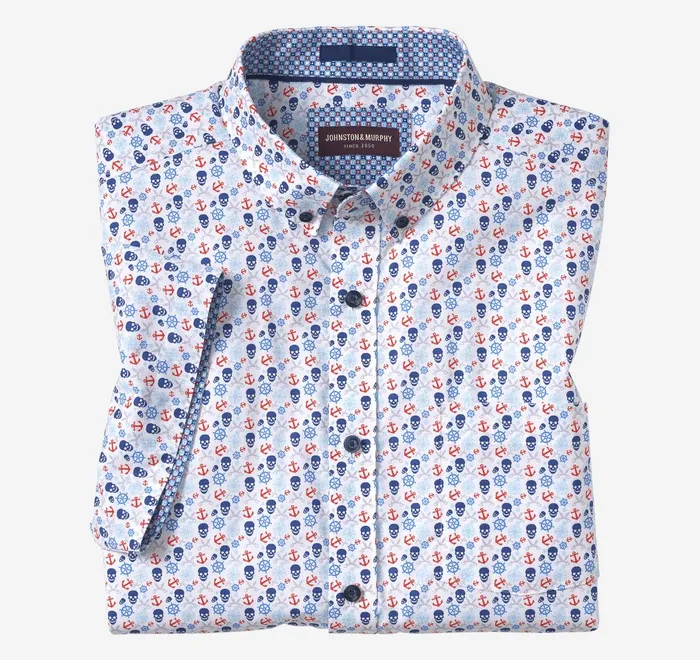 JohnstonandMurphy ShortSleeve Shirts Printed Cotton ShortSleeve Shirt Blue Pirate 8211 Men