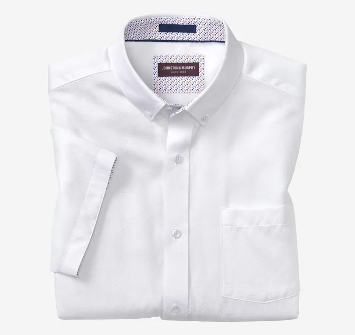 JohnstonandMurphy ShortSleeve Shirts Textured Cotton ShortSleeve Shirt White Solid 8211 Men