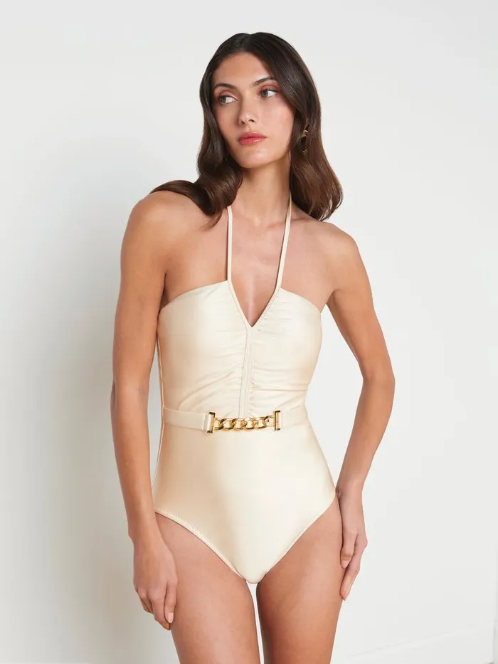 Leila Halter OnePiece Swimsuit Champagne Women L039Agence Swimwear Leila Halter OnePiece Swimsuit Champagne Women L039Agence Swimwear