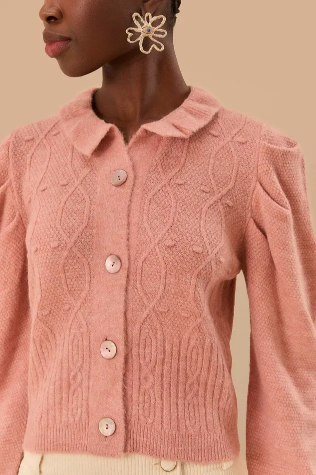 Light Pink Ruffle Knit Cardigan Women FARM Rio Cardigans Light Pink Ruffle Knit Cardigan Women FARM Rio Cardigans