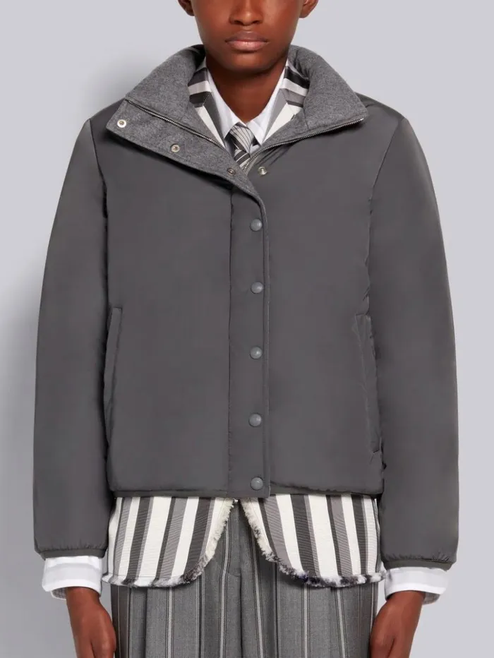 Lightweight Boiled Wool Engineered Stripe Reversible Funnel Neck Zipup Jacket Medium Grey Women Thom Browne Outerwear