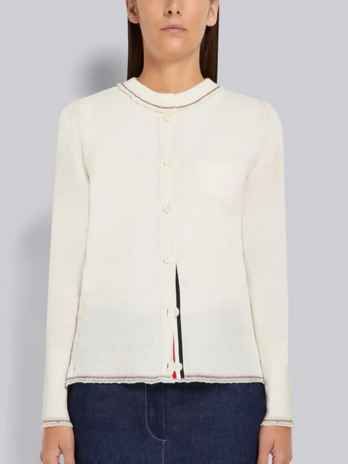 Lightweight Wool Crepe Stripe Ruffle Trim Chest Pocket Crew Neck Cardigan White Women Thom Browne Knitwear
