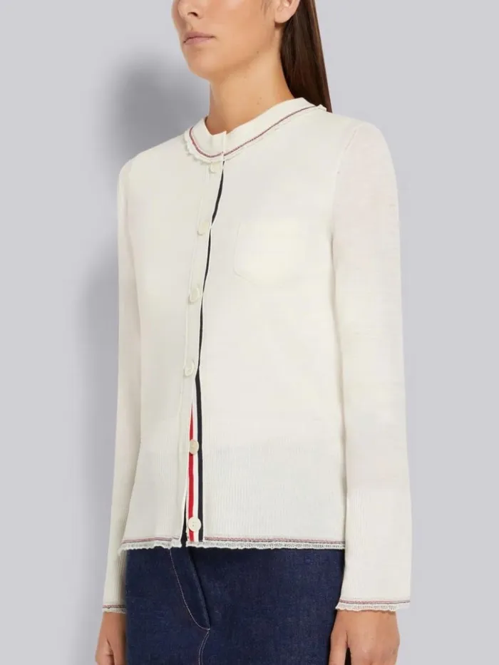 Lightweight Wool Crepe Stripe Ruffle Trim Chest Pocket Crew Neck Cardigan White Women Thom Browne Knitwear