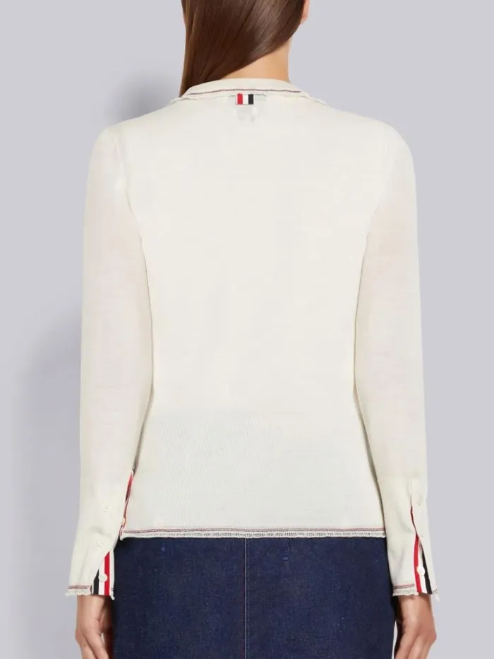 Lightweight Wool Crepe Stripe Ruffle Trim Chest Pocket Crew Neck Cardigan White Women Thom Browne Knitwear