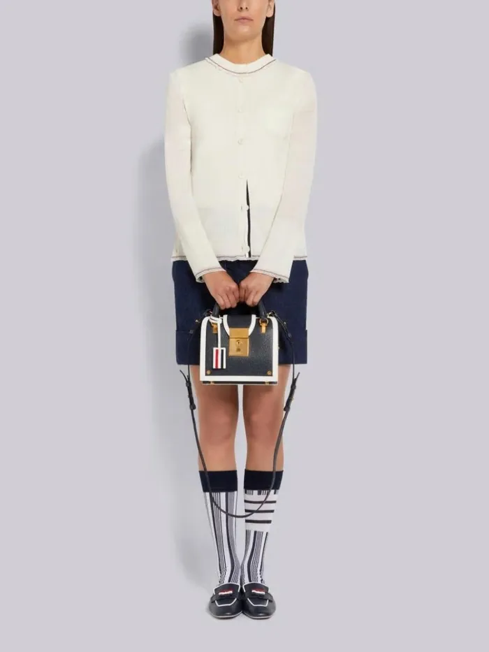 Lightweight Wool Crepe Stripe Ruffle Trim Chest Pocket Crew Neck Cardigan White Women Thom Browne Knitwear